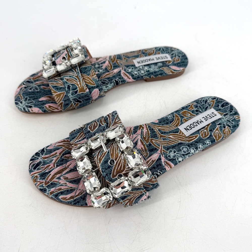 Steve Madden Marika Slide Sandals Si 7‎ Blue Floral Rhinestone Resort Vacatione